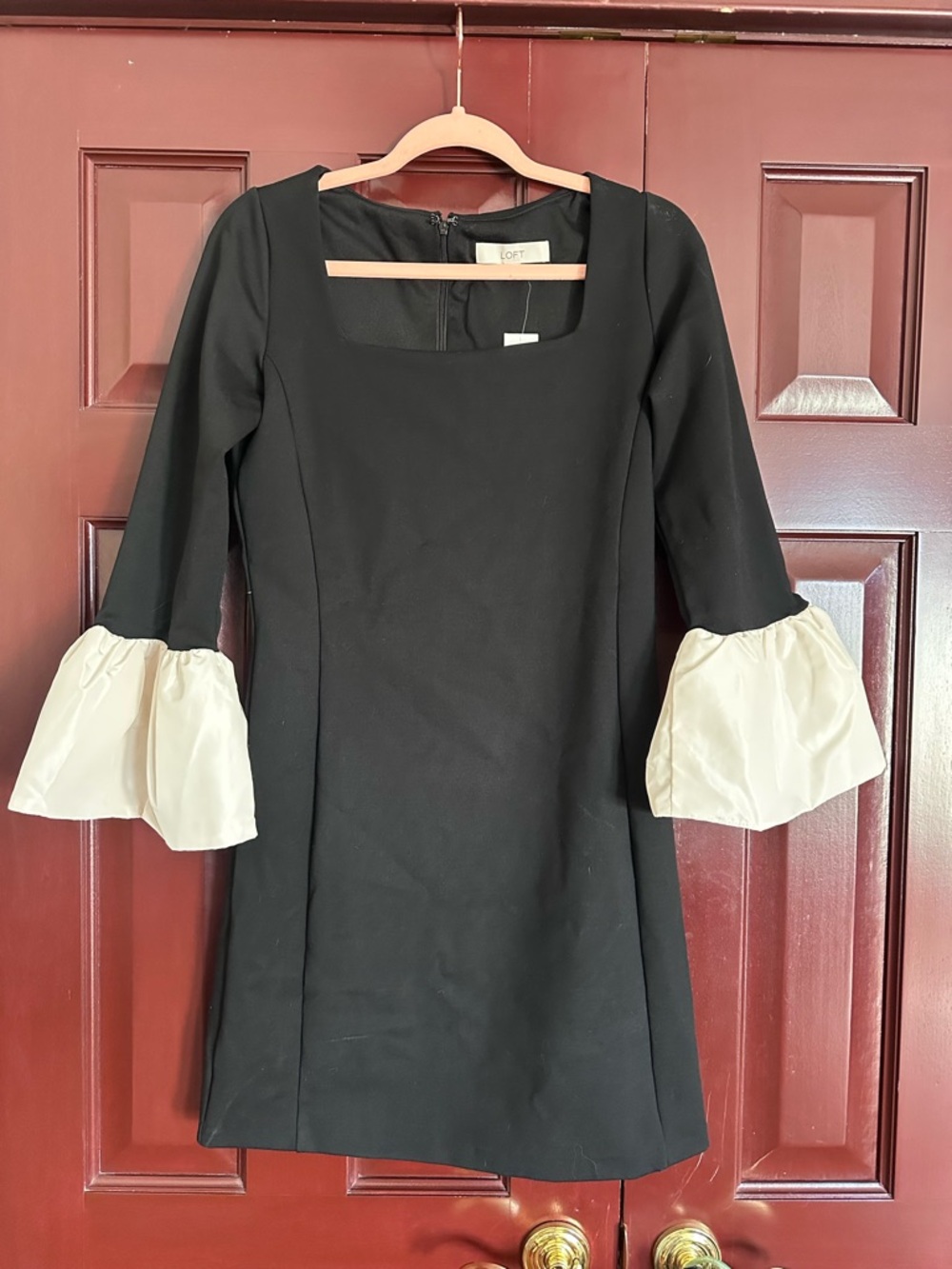 LOFT Black Mini Dress with Cream Bell Sleeves